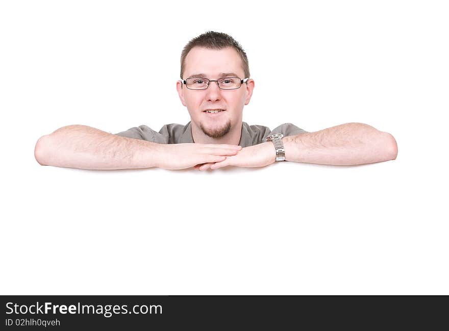 Casual man holding banner over white background. Casual man holding banner over white background