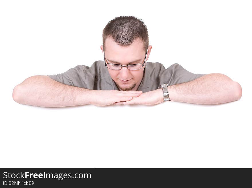 Casual man holding banner over white background. Casual man holding banner over white background