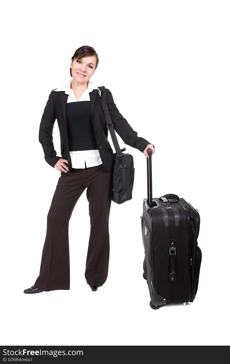 Young attractive woman traveling with suitcase. Young attractive woman traveling with suitcase