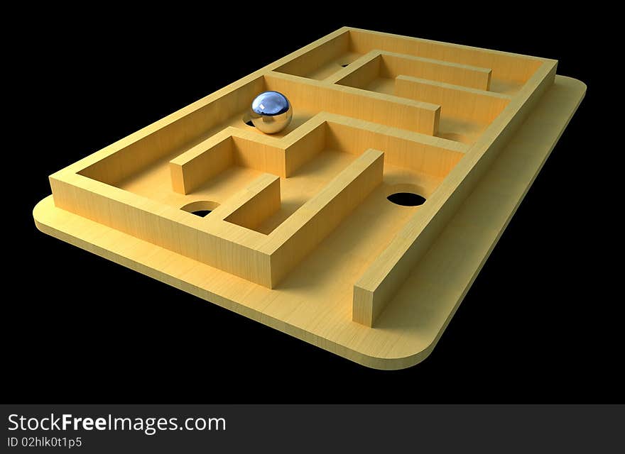 Steel ball in the wooden maze isolated on black background. Steel ball in the wooden maze isolated on black background