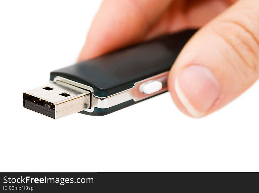 Flash drive in hand isolated on white background