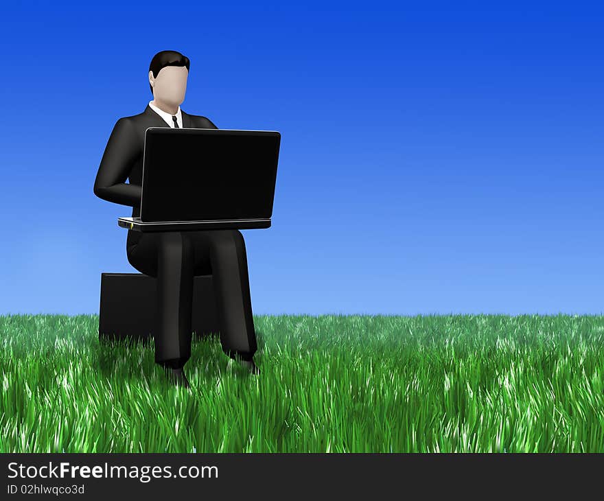 In 3d picture the businessman working on the laptop is represented
sitting in the field in a grass. In 3d picture the businessman working on the laptop is represented
sitting in the field in a grass