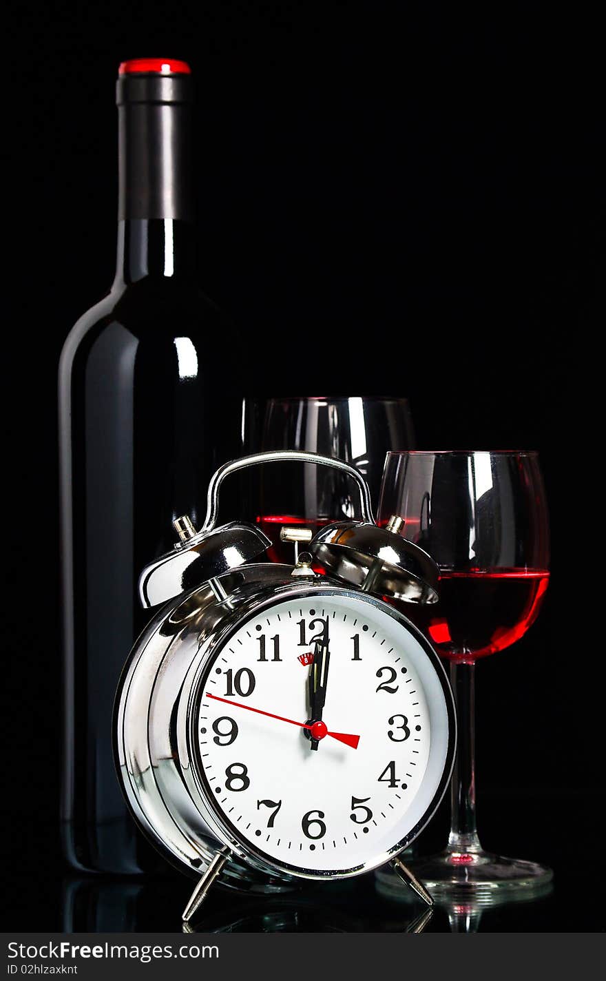 Bottle of wine with clock and glass. Bottle of wine with clock and glass