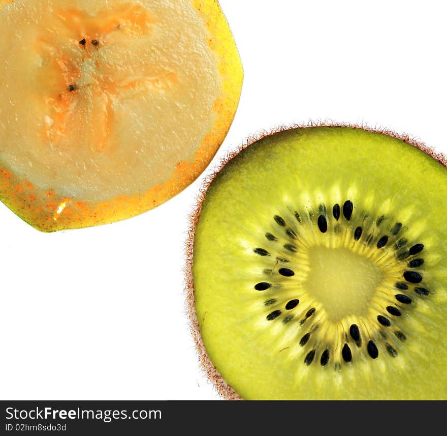 Slices and Kiwi and Banana, isolated on a white background. Slices and Kiwi and Banana, isolated on a white background.