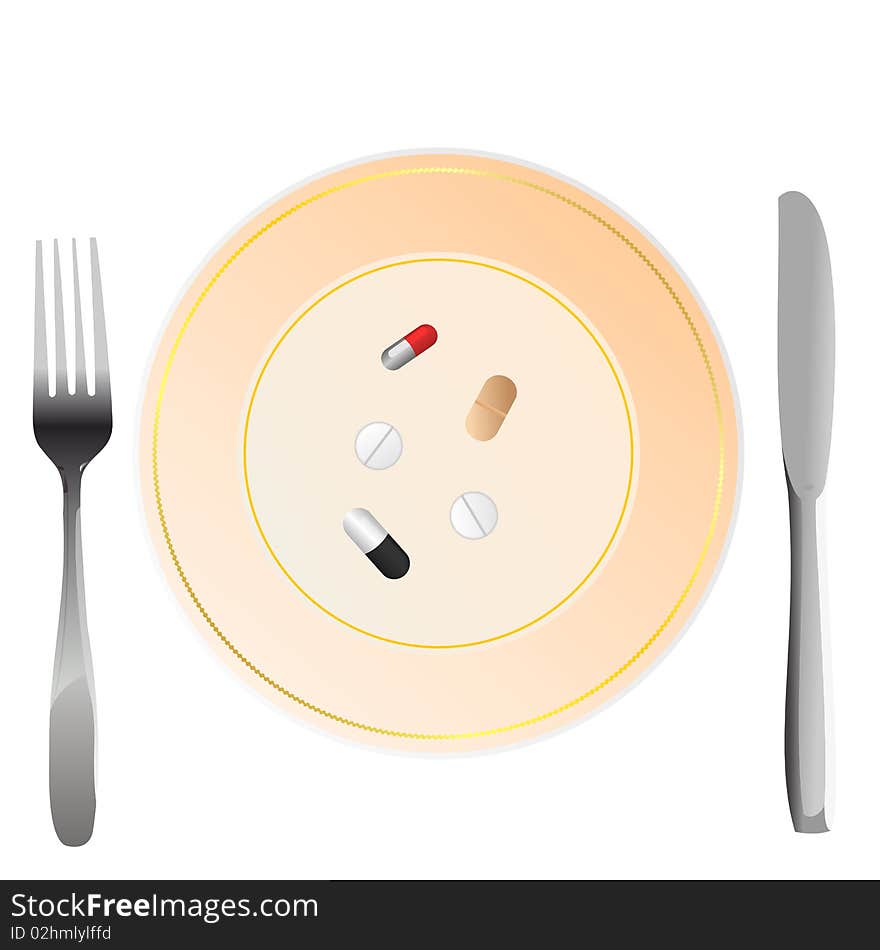 Nutritional care represented by a few pills serving on the plate. Vector