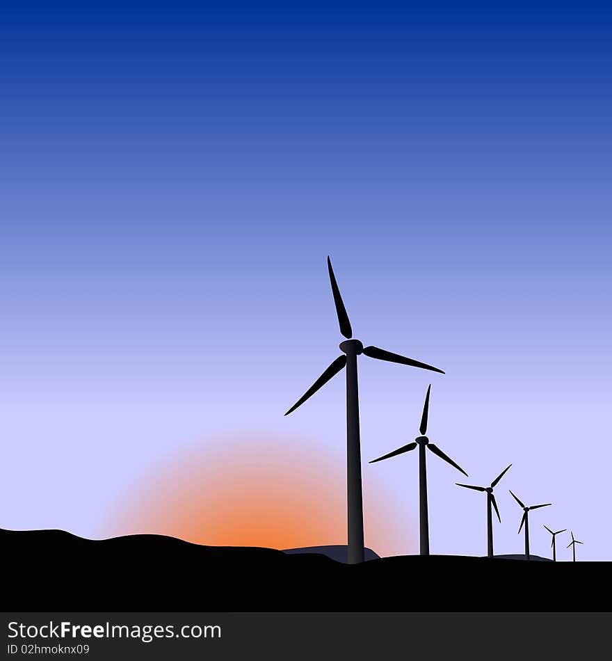 Realistic illustration wind generators of sunrise. Vector