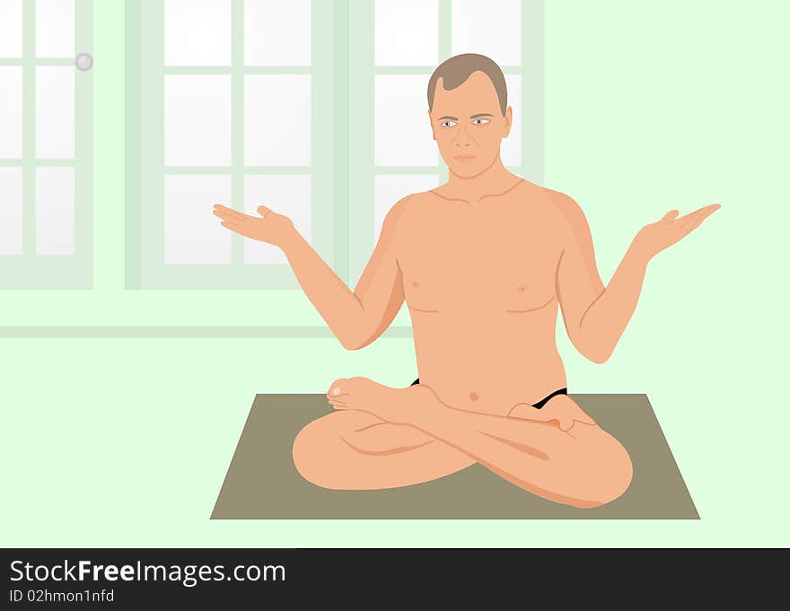 Realistic illustration of yogas the man meditates in sports hall. Vector