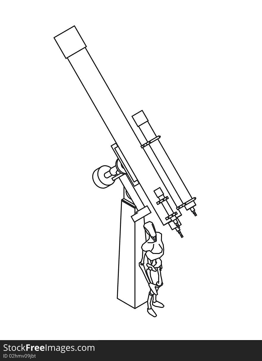 Illustration of large refractor telescope and manikin