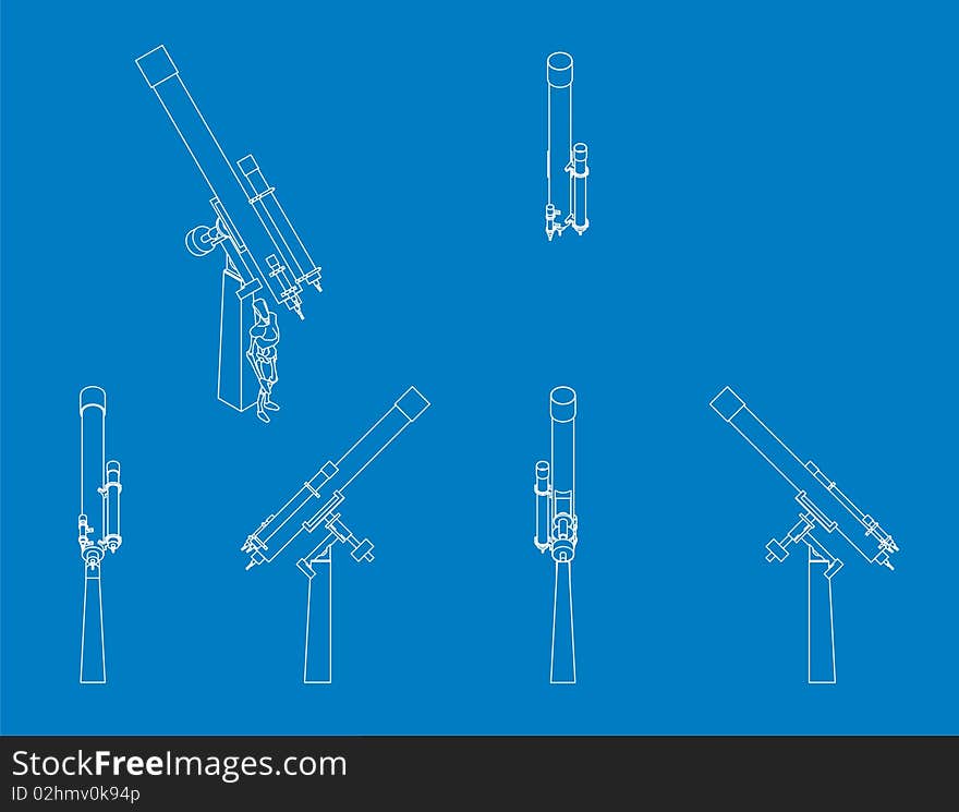 Blue print style illustration of a large refractor telescope