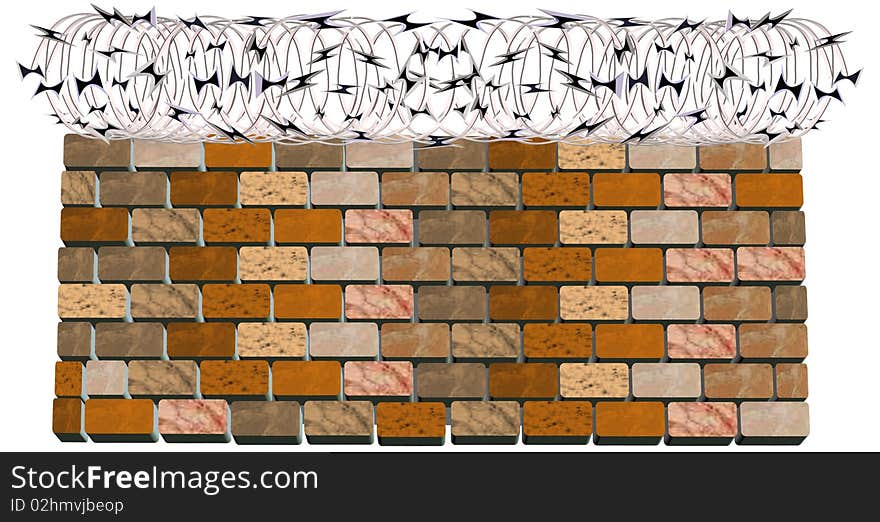 Razor wire on brick wall in 3d on white illustration