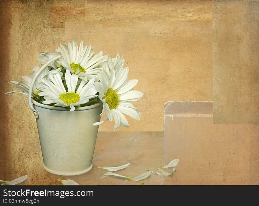 Daisy bouquet in country pail on textured background. Daisy bouquet in country pail on textured background.