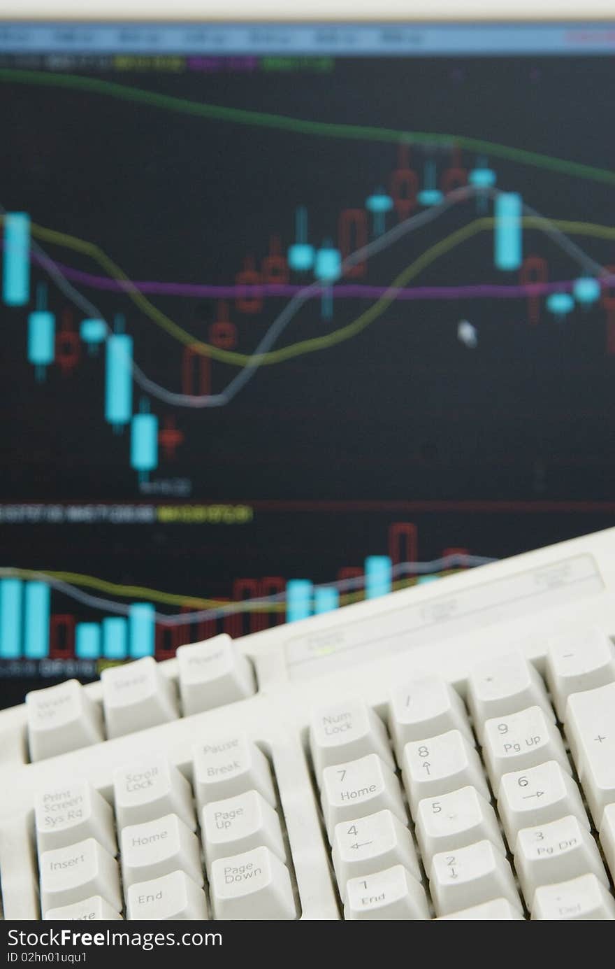 Keyboard and display, the background is the stock market graph