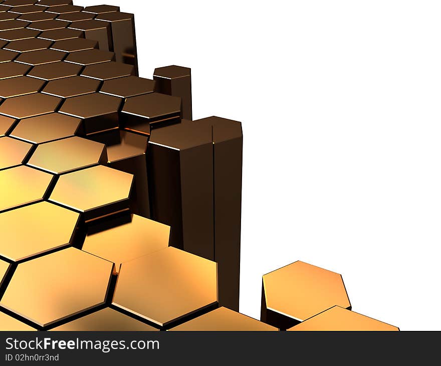 Abstract 3d illustration of golden hexagons background with copyspace