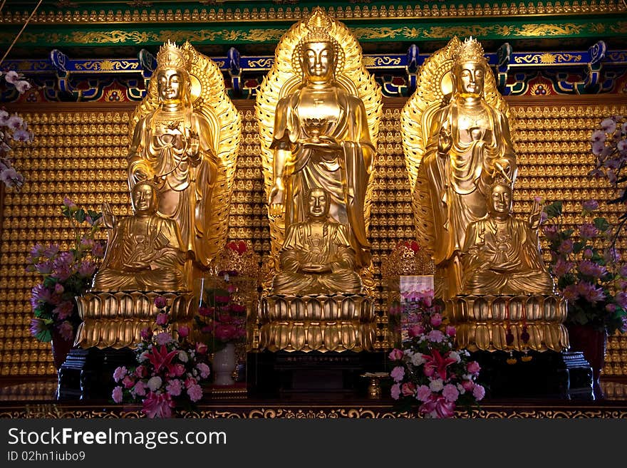 One Buddha and Two Quan-Yin in baromraja temple thailand