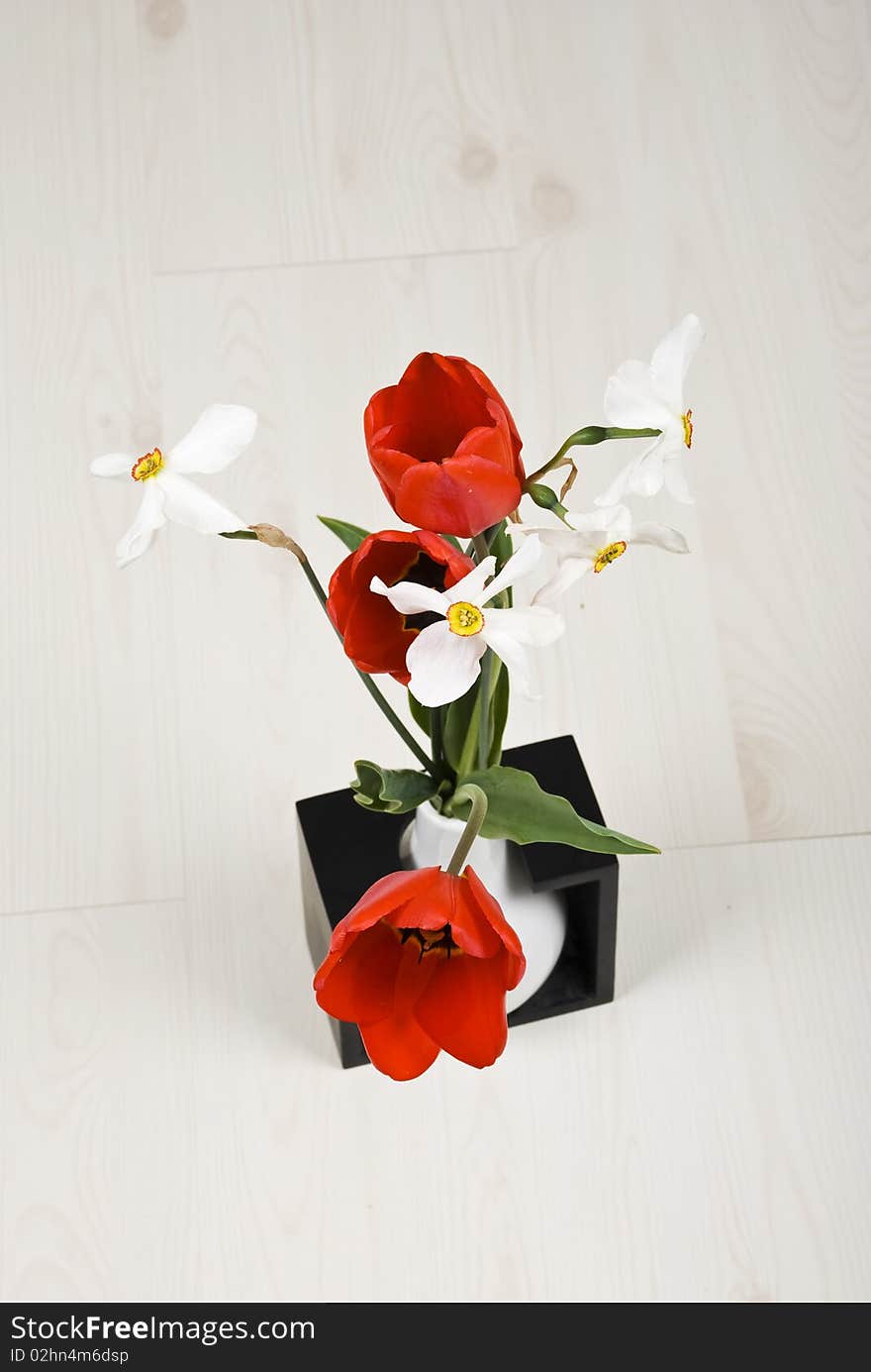 Top View Of Spring Flowers In A Vase