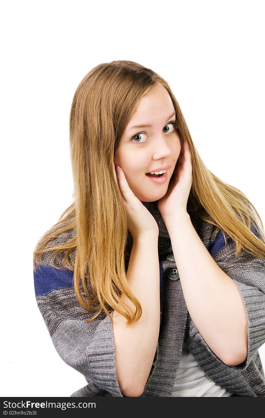 Closeup of a happy young woman surprised. Closeup of a happy young woman surprised