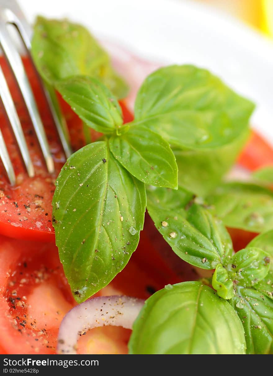 Tomato and basil salad -food background. Tomato and basil salad -food background