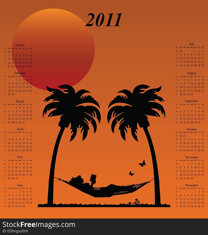 2011 calendar with woman reading in a hammock