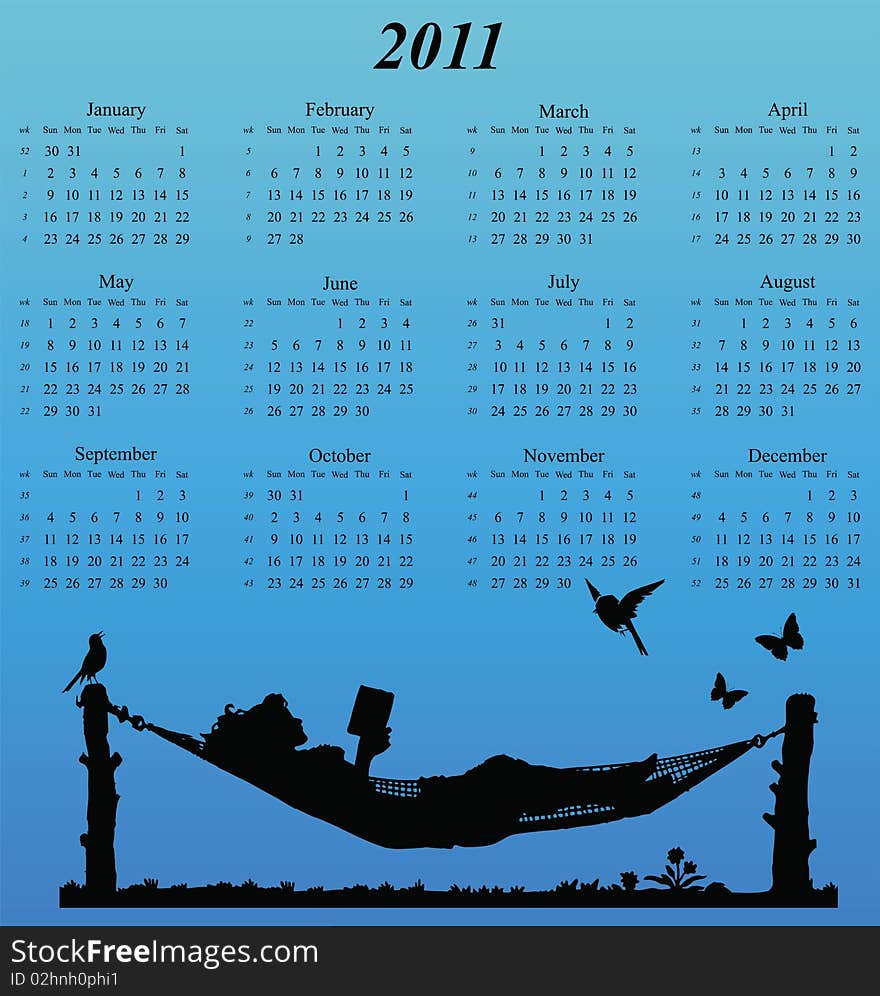 2011 calendar with woman reading in a hammock