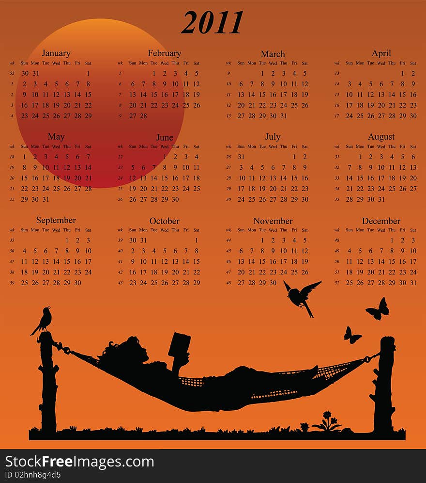 2011 calendar with woman reading in a hammock