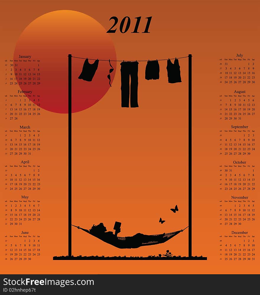 2011 calendar with woman reading in a hammock