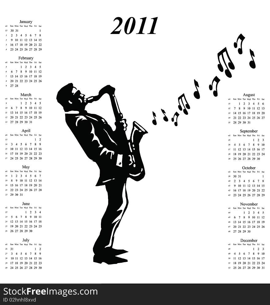 2011 calendar with musician playing the saxophone