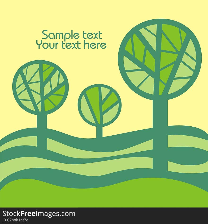 Three green trees on the yellow background. Vector illustration. Three green trees on the yellow background. Vector illustration.