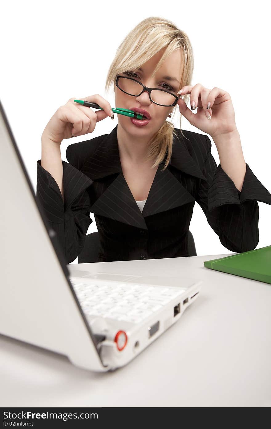 Portrait of office smiling girl with laptop computer,  isolated against a white background