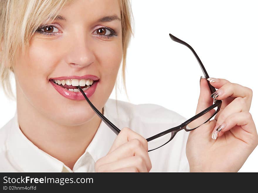 Pretty young smiling gir with glasses against white background. Pretty young smiling gir with glasses against white background