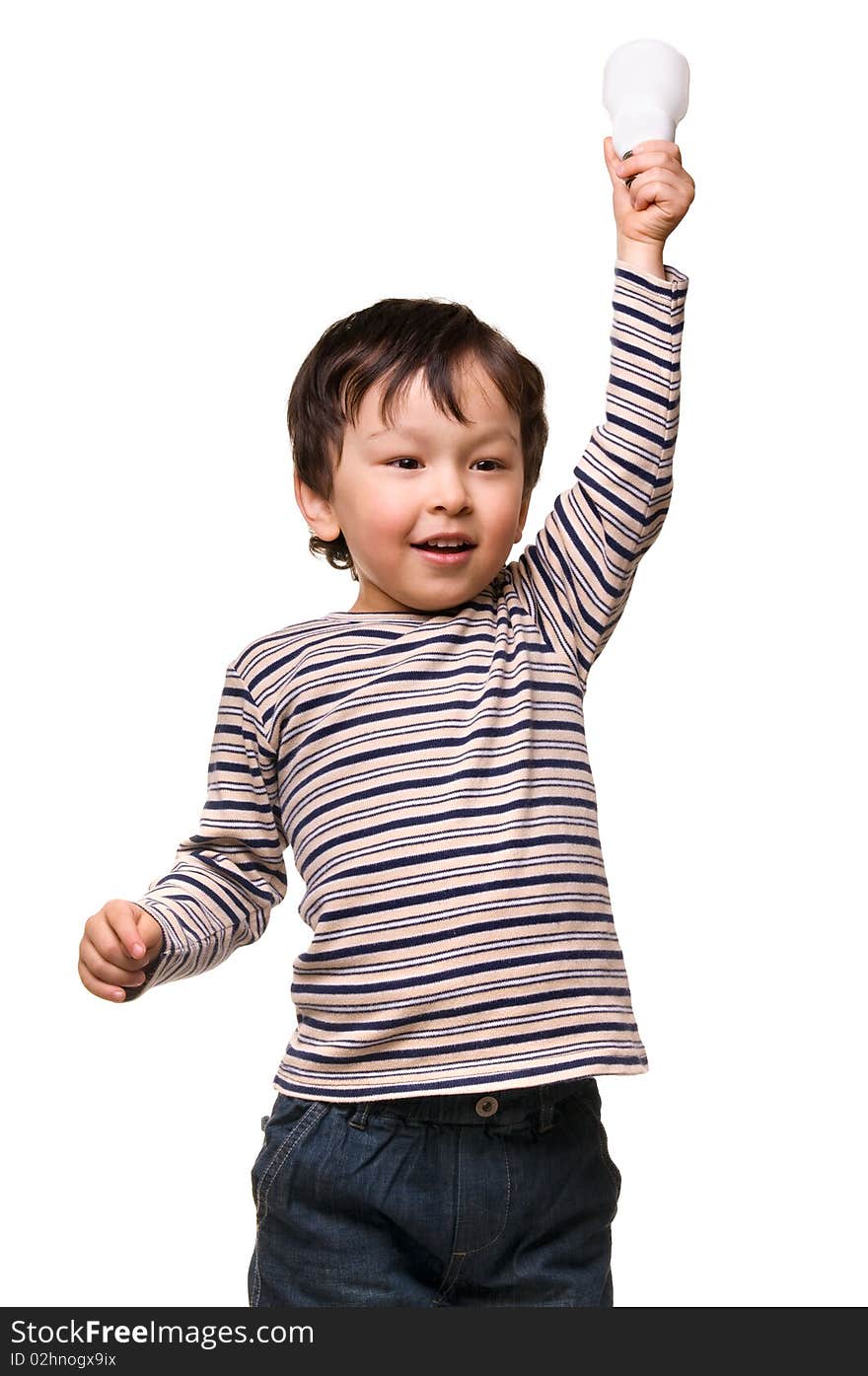 Portrait of happy child holding an energy efficiency light bulb isolated on white. Portrait of happy child holding an energy efficiency light bulb isolated on white.