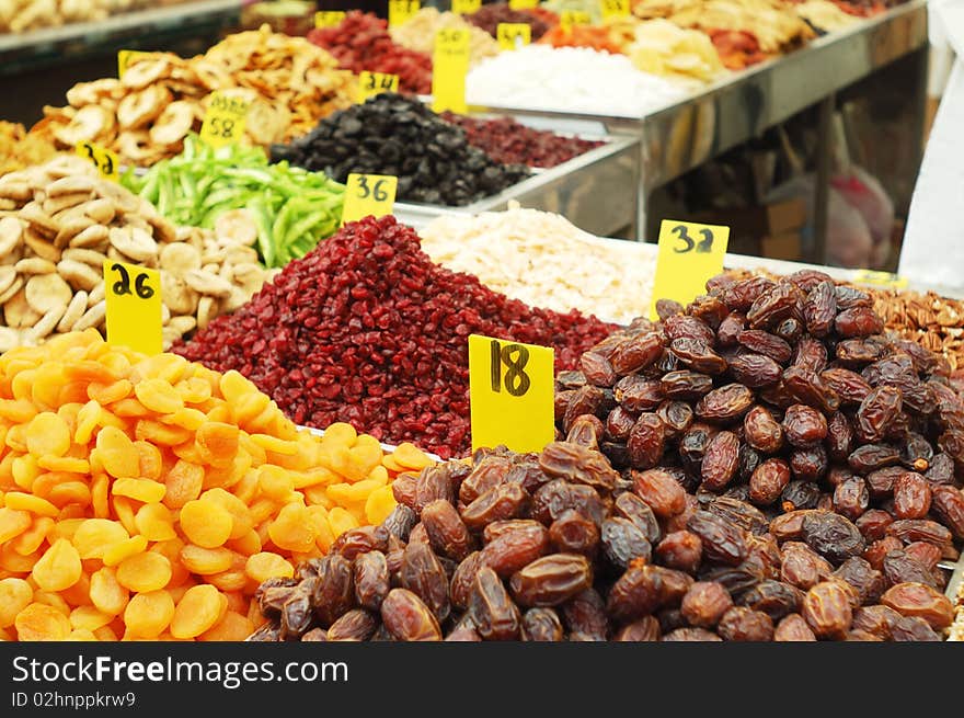 Close up of dried fruits on market stand