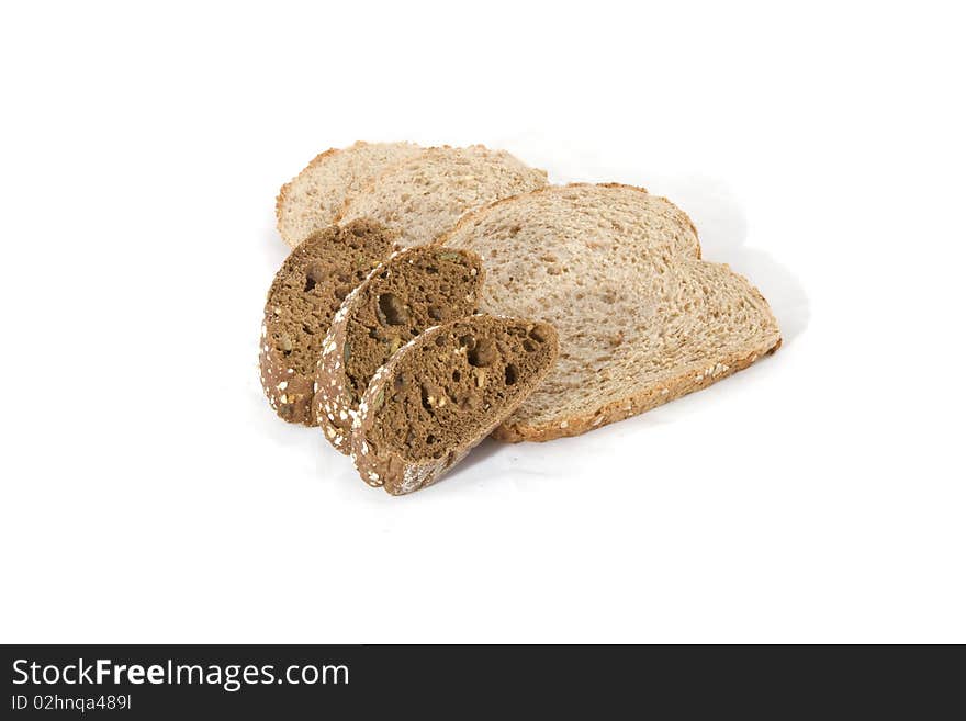 Several kinds of bread on a white background.