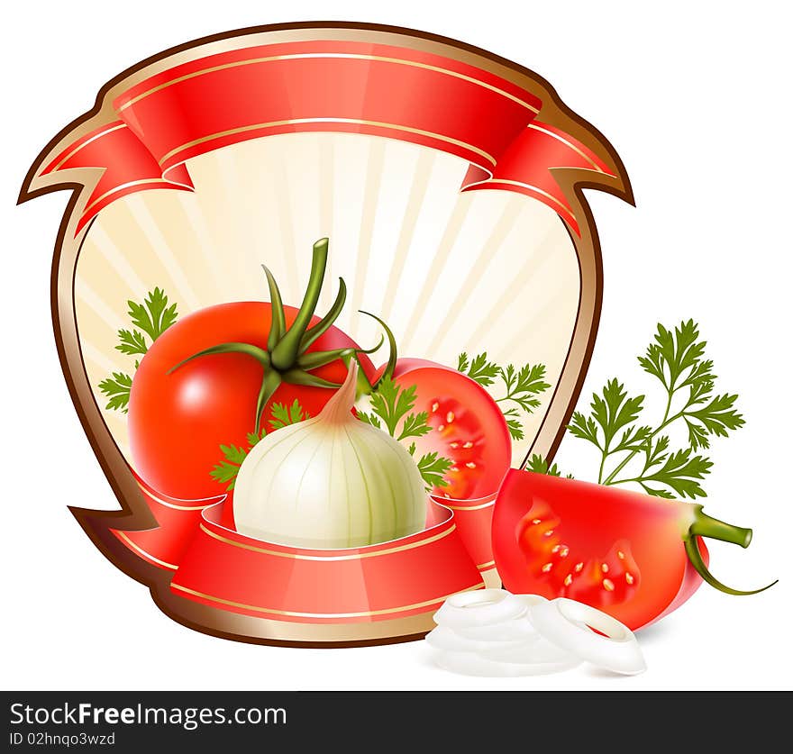 Label for a product (ketchup, sauce) with photo-realistic vector illustration of vegetables.