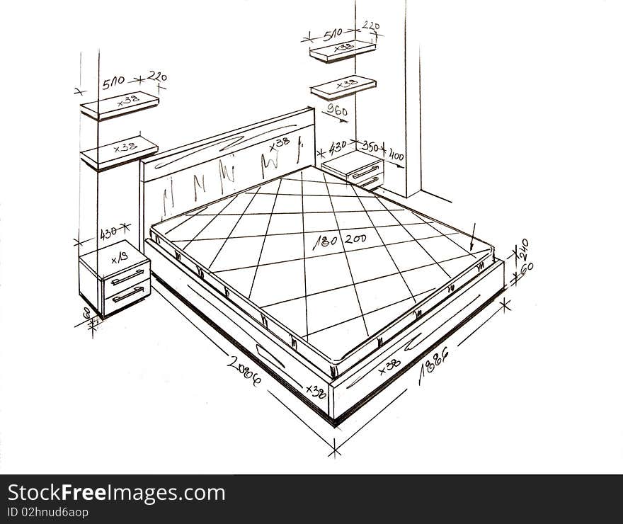 Modern Interior Design Freehand Drawing.