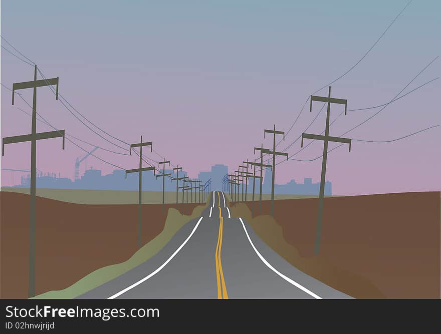 Illustration with electric line near road. Illustration with electric line near road