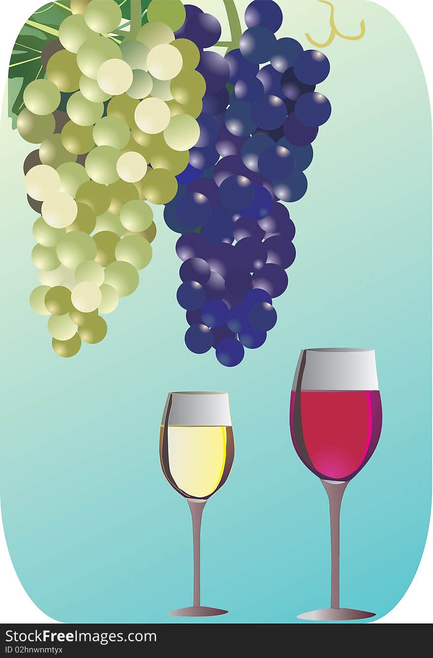 Illustration with grapes and wine glasses on blue background. Illustration with grapes and wine glasses on blue background