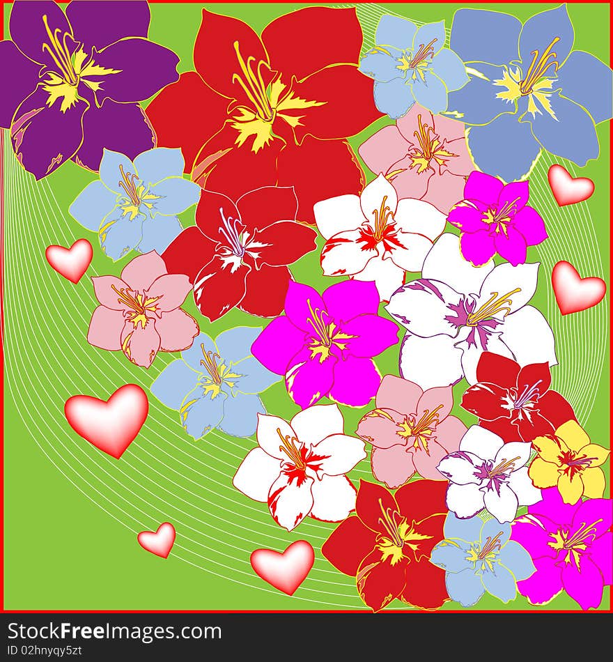 Beautiful multi-coloured flowers on a green background. Beautiful multi-coloured flowers on a green background