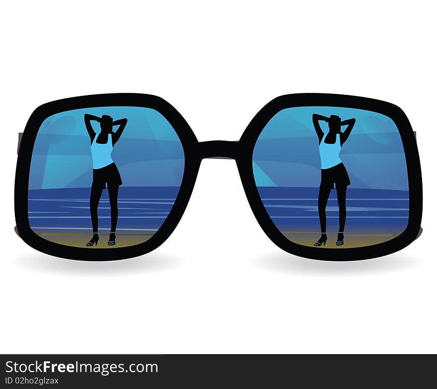 The girl against the sea, reflected in sun glasses