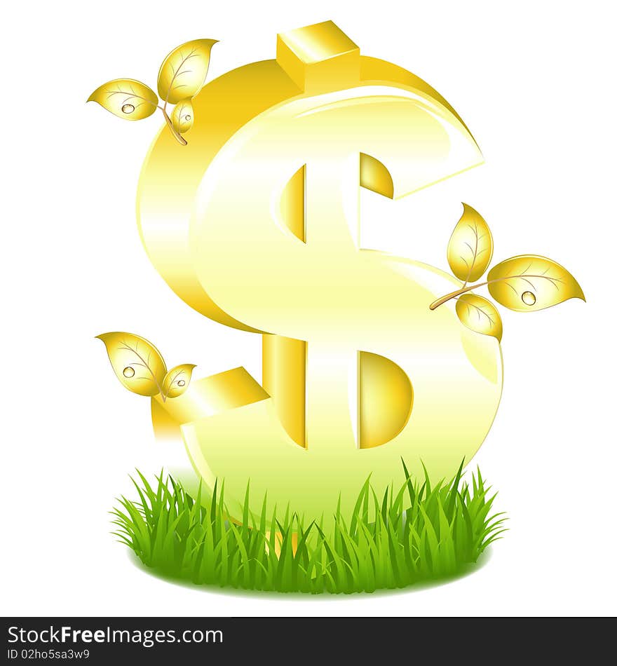 Golden Dollar Sign With Golden Branches In Green Grass, Isolated On White. Golden Dollar Sign With Golden Branches In Green Grass, Isolated On White