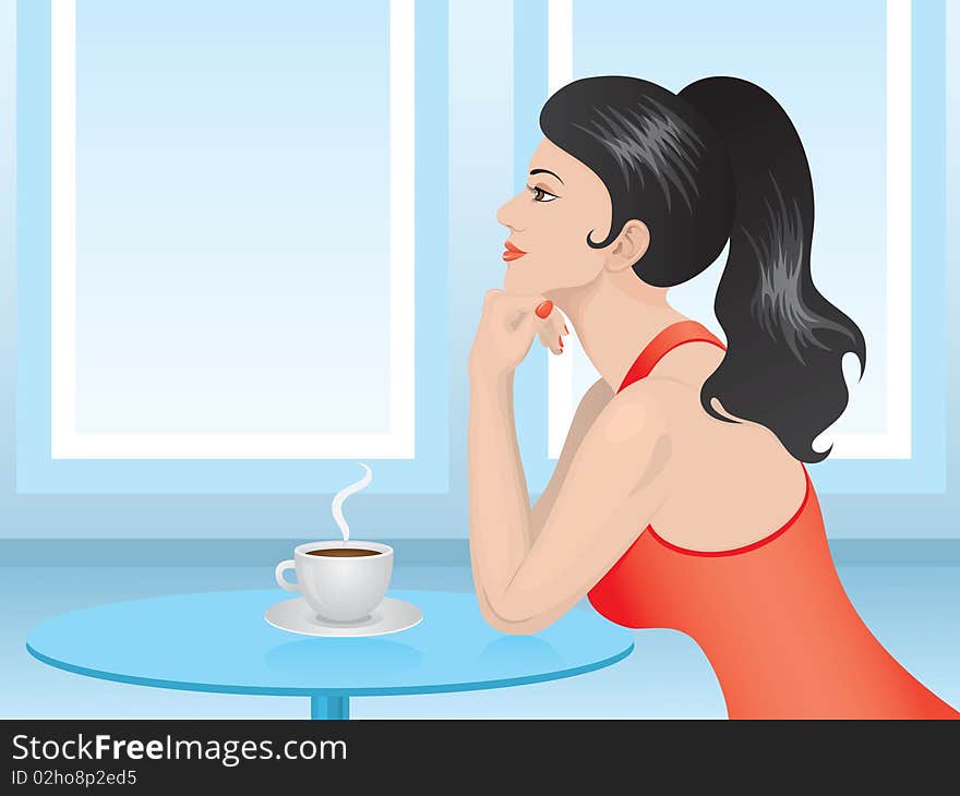 Lady In Red Drinking Coffee