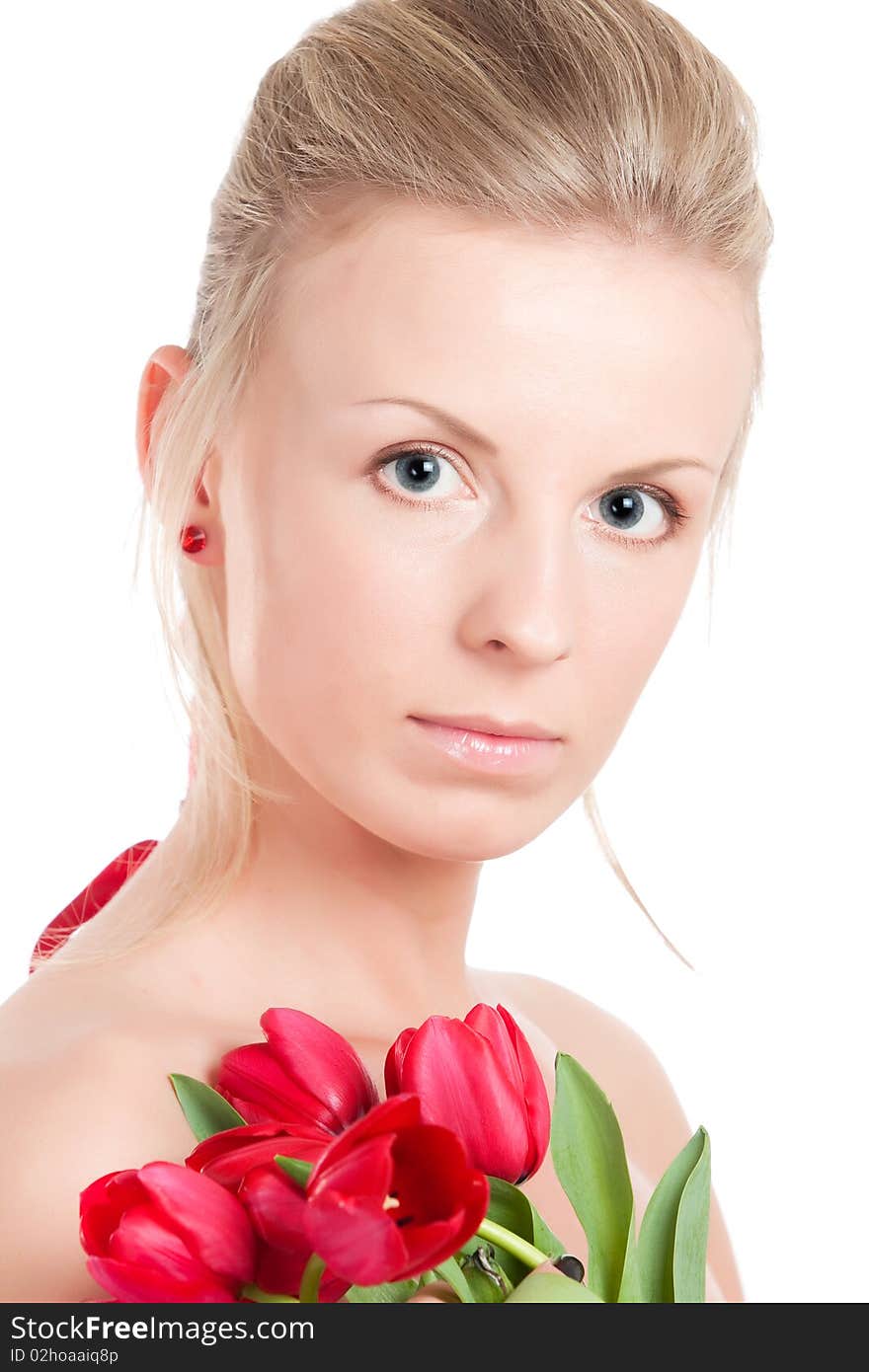 Young woman with bunch of tulip flowers. Isolated over white. Young woman with bunch of tulip flowers. Isolated over white