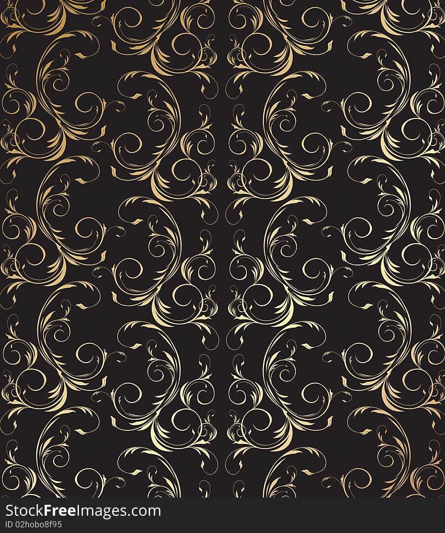 Vector black and golden decorative seamless floral ornament