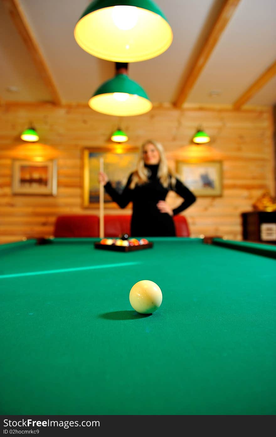 Billiard table with balls ready for game. focus on white ball