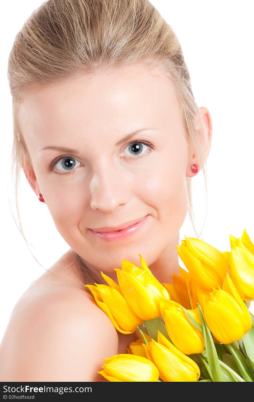 Young woman with bunch of tulip flowers. Isolated over white. Young woman with bunch of tulip flowers. Isolated over white