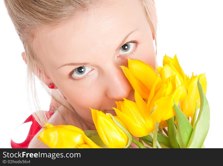 Young Woman With Bunch Of Tulips