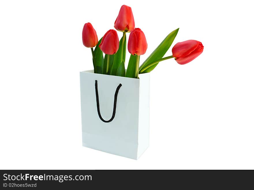 Red spring flowers in a paper bag