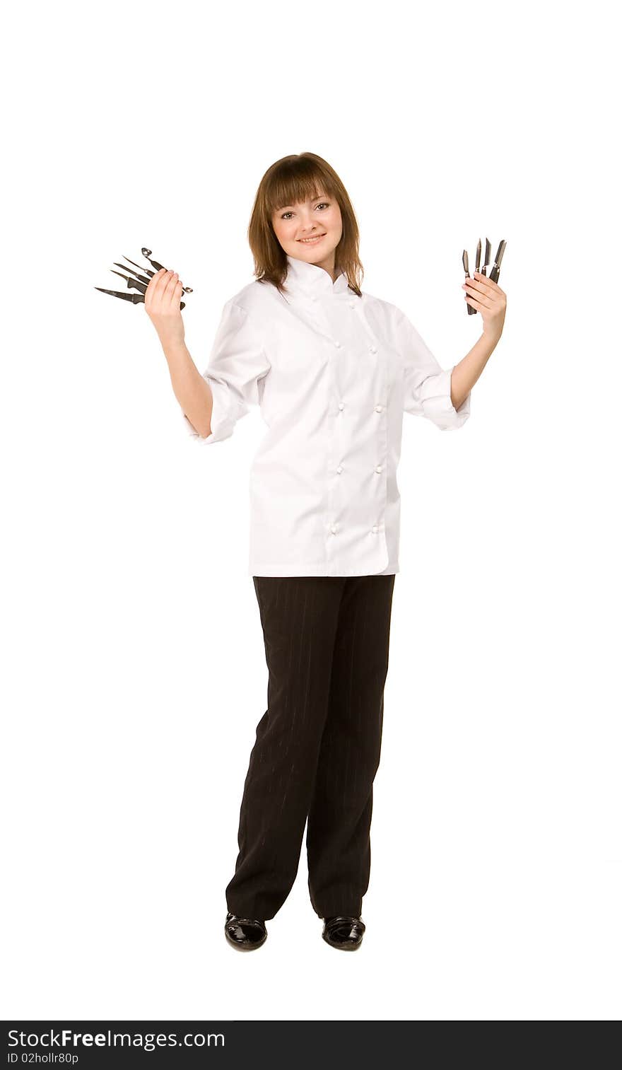 Cook girl holding knives isolated on white background