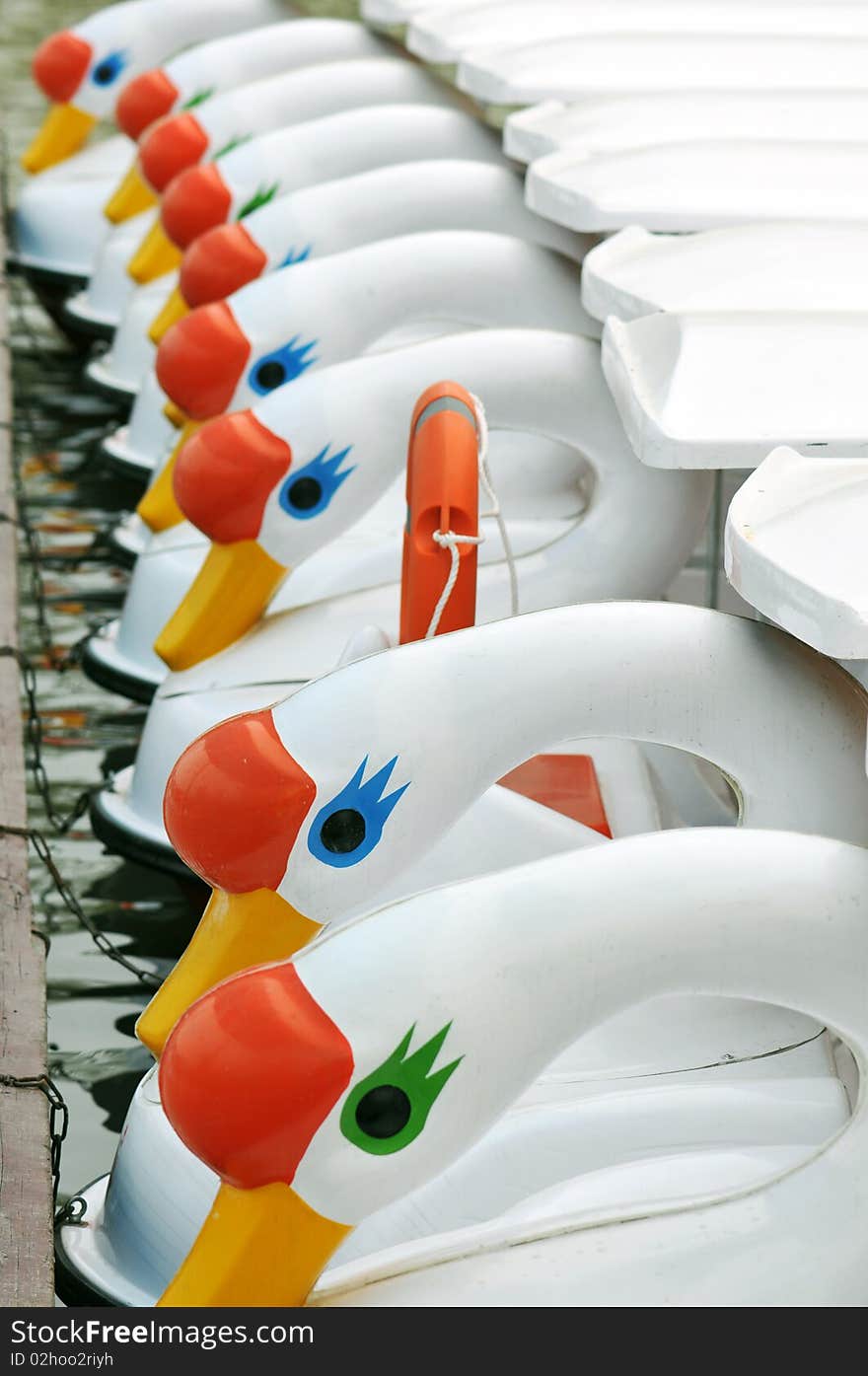 A row of new boats on the quiet lake, made by swan design. A row of new boats on the quiet lake, made by swan design.