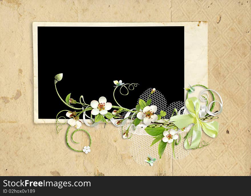 Old spring paper frame with apple tree flowers. Old spring paper frame with apple tree flowers