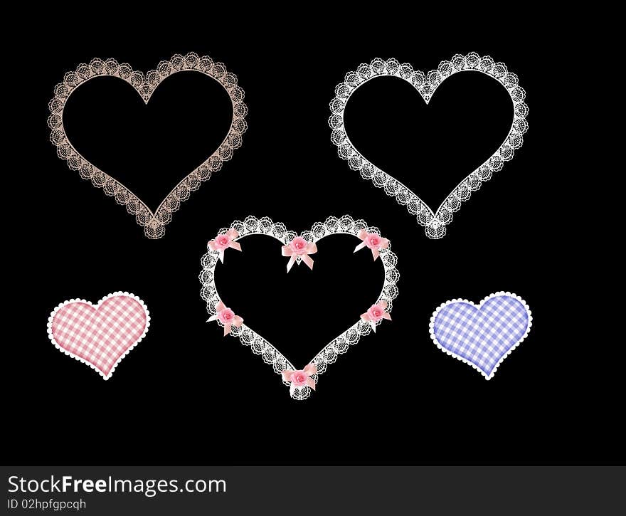 Fancy lace hearts isolated on black background in vector format. Fancy lace hearts isolated on black background in vector format